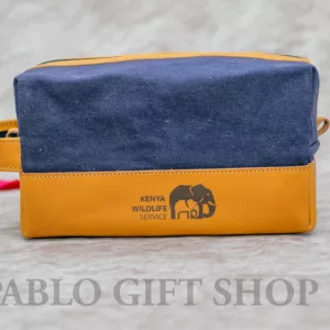 Brown leather and blue canvas toiletry bag