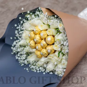 Baby breath with White Roses and Ferrero chocolates Bouquet