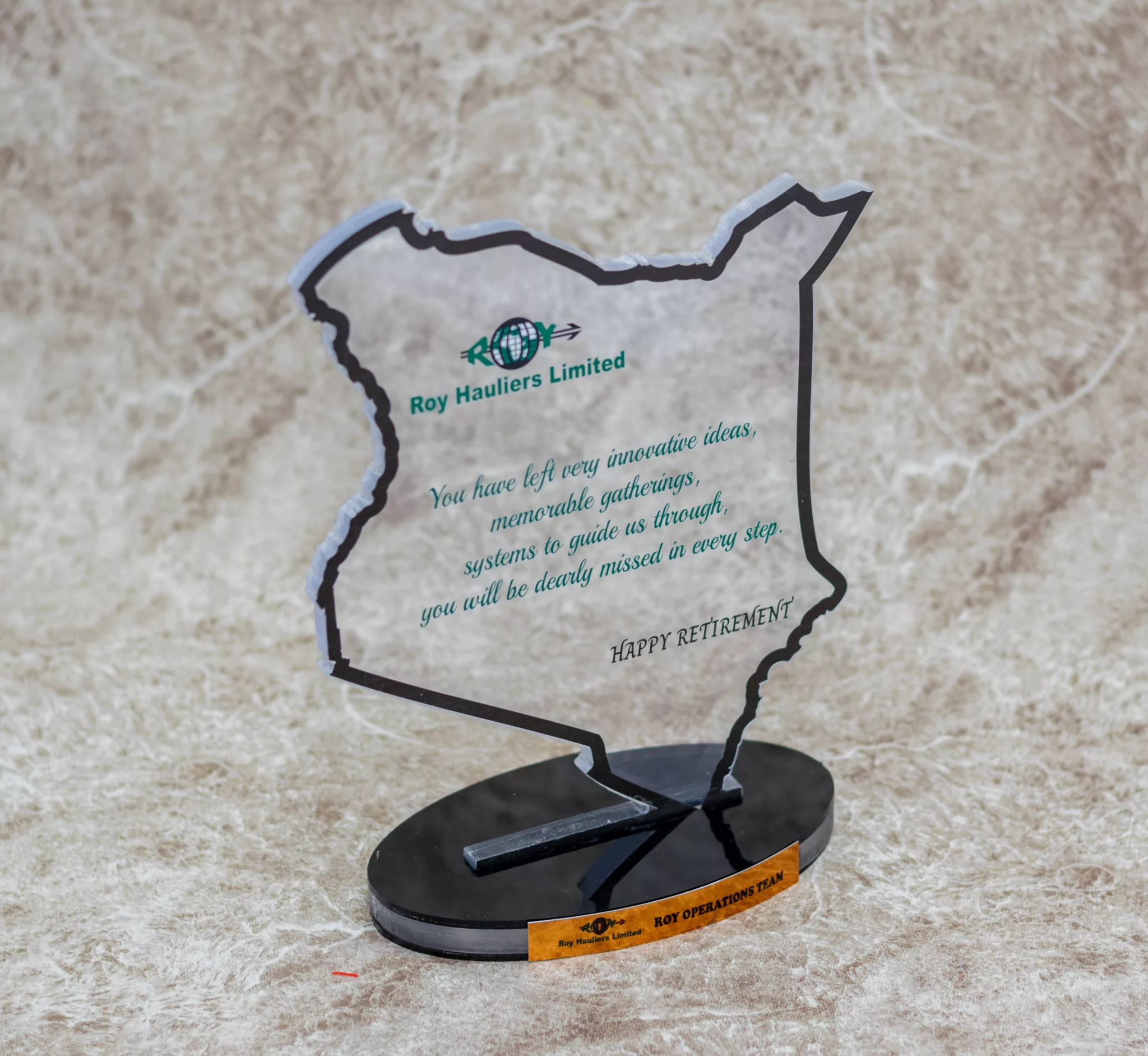 Corporate Branded Kenya Shaped Acrylic Trophy