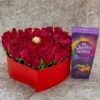 Love Shaped Box With Red Roses And Quality Street Chocolates