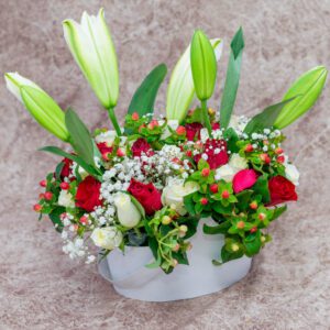 Mixed Roses, Tiger lilies and Berries Flower Basket