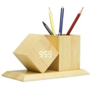 Wooden Pen Holder With LED Digital  Clock