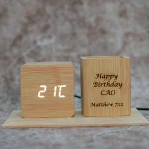 Wooden LED Desk Organizer Clock Pen Holder