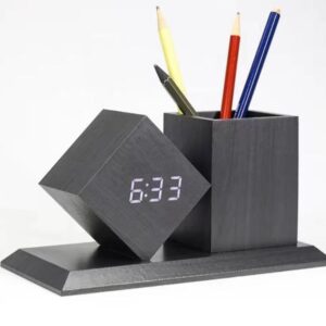 Black Wooden LED Pen Holder Desk Organizer