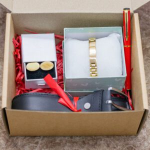 Men Executive Gift Package Leather Belt, Gold Bracelet And Cufflinks