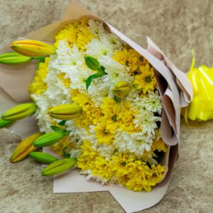White And Yellow Chrysanthemums Mixed With Tiger Lilies Flowers