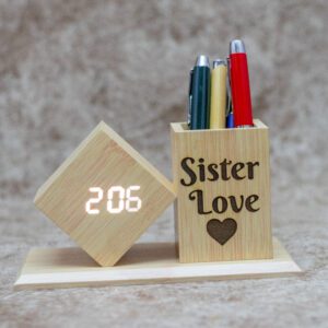 Wooden Pen Holder With A clock