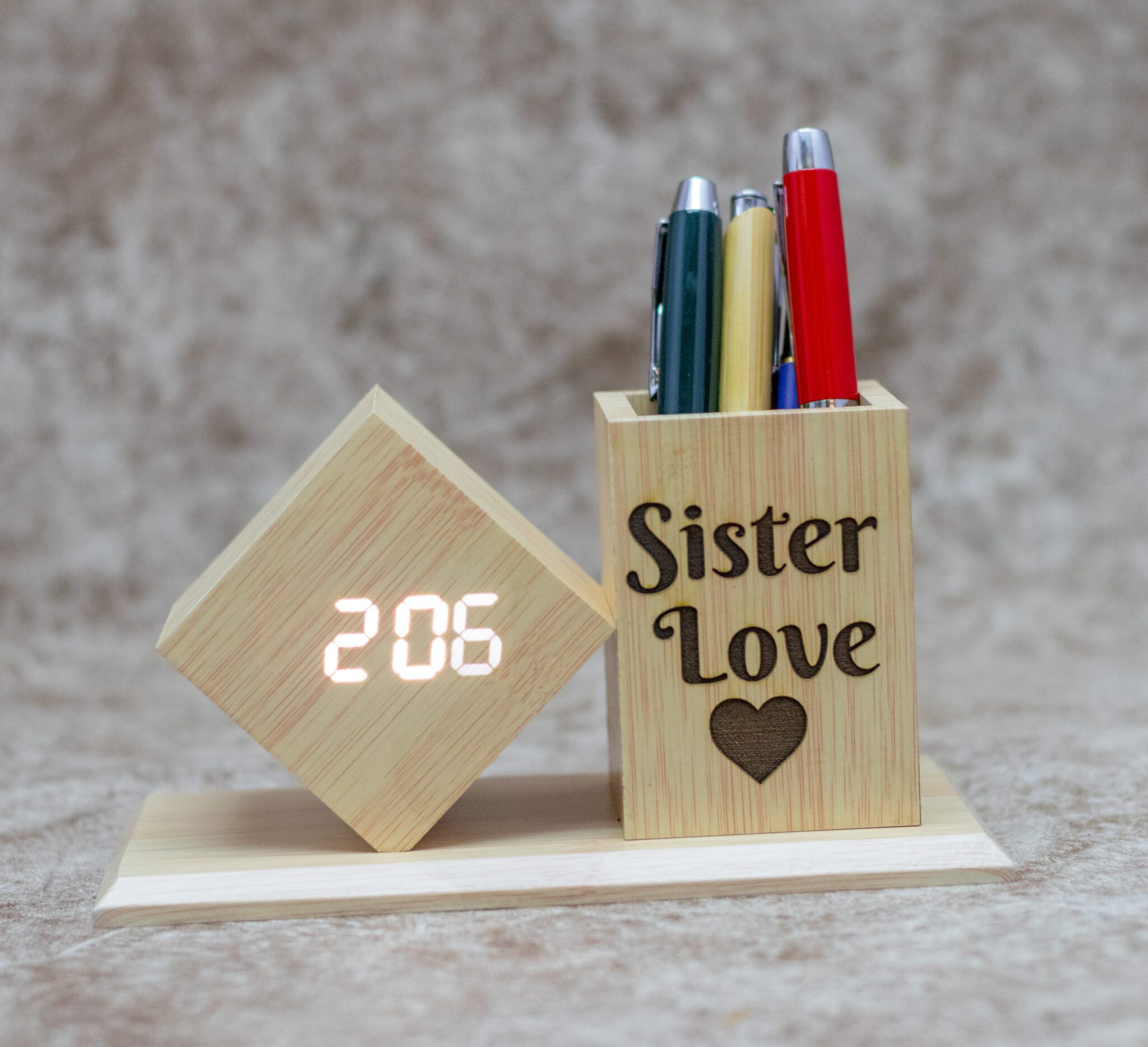 Wooden Pen Holder With A clock