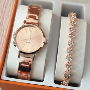 Luxury Rose Gold Watch and Crystal Heart Bracelet Set - Trendy Gift Collection