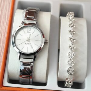 Elegant Silver Watch and Crystal Heart Bracelet Set - Premium Gift Collection