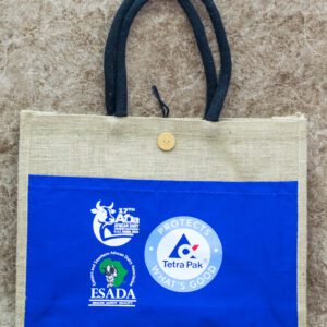 Eco-Friendly Jute Tote Bag with Blue Front Pocket