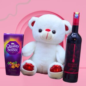 Romantic Gift Combo with Teddy Bear Chocolates & Red Wine