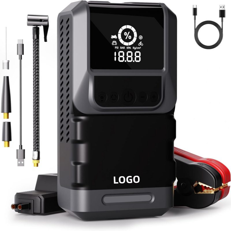 Wireless 6000mAh Tire Air Compressor with 2000A Jump Starter & Power Bank
