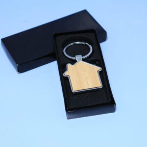 Bamboo & Metal House Keychain