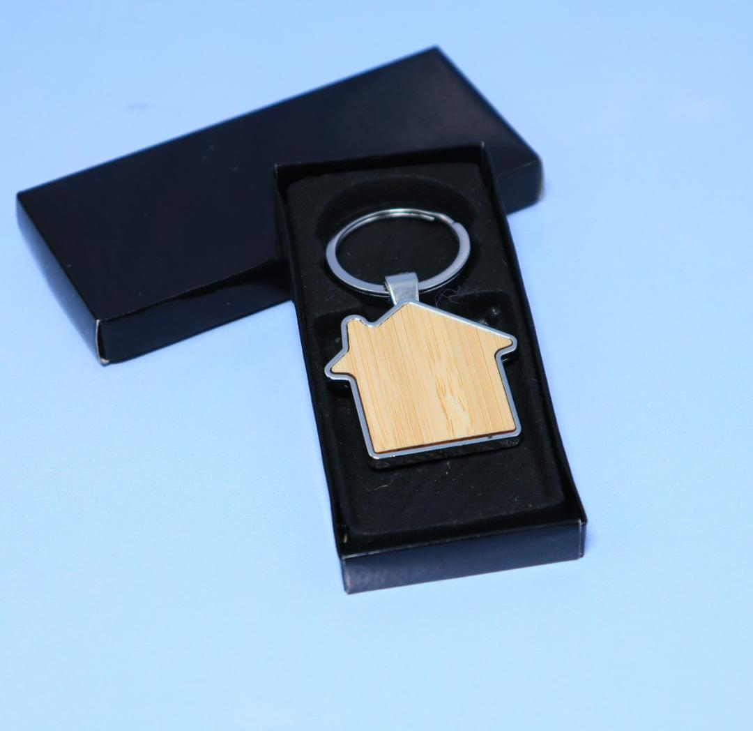 Bamboo & Metal House Keychain
