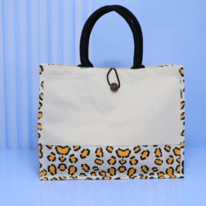 A3 Leopard Print Buttoned Jute & Canvas Bag
