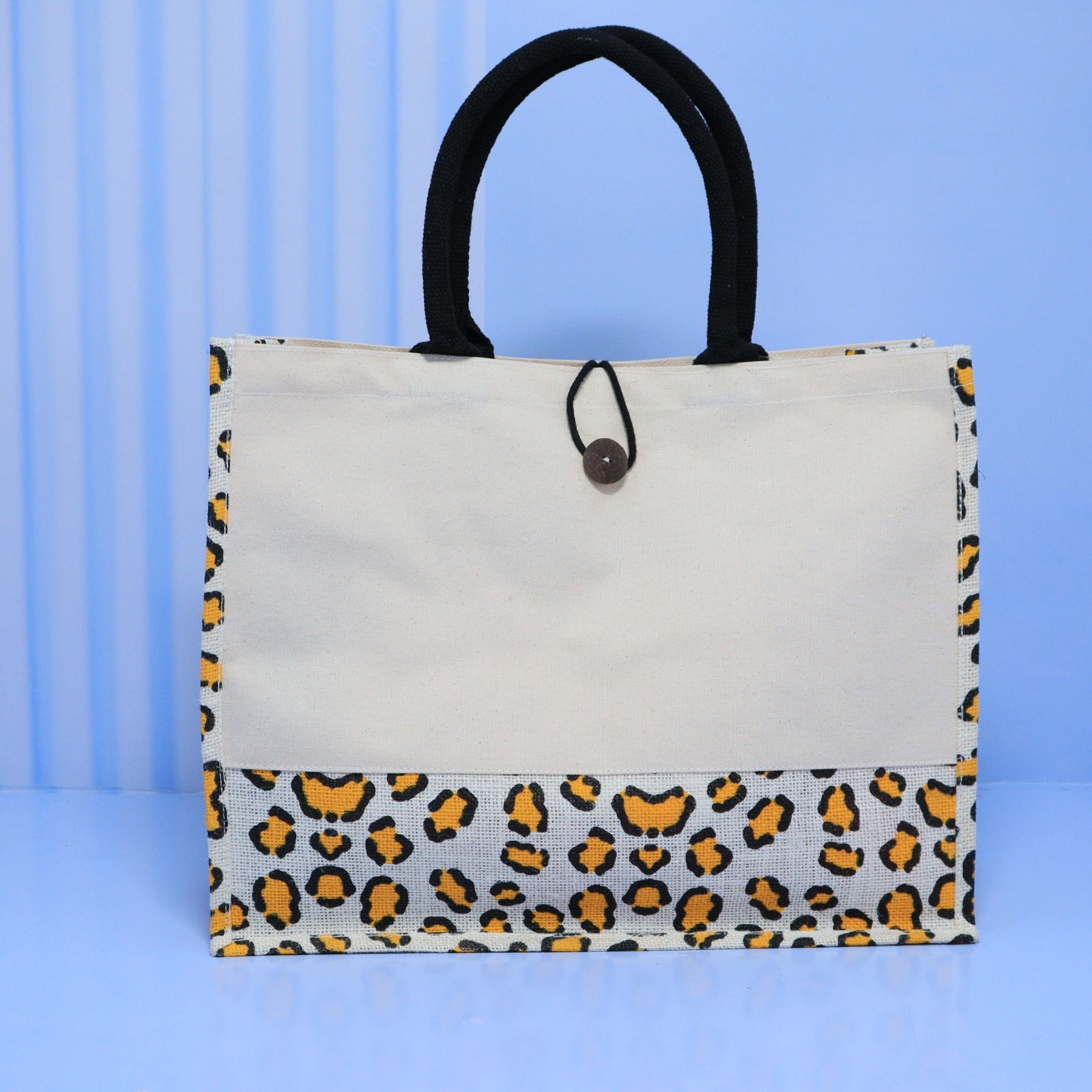 A3 Leopard Print Buttoned Jute & Canvas Bag