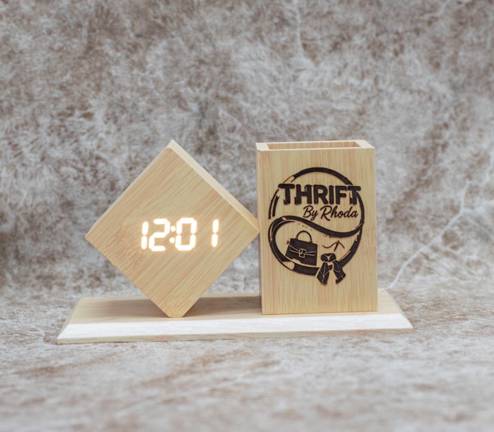 Custom Wooden Digital Clock and Pen Holder combo.