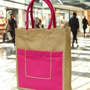 Jute Tote Bag with Vibrant Pink Pocket & Handles