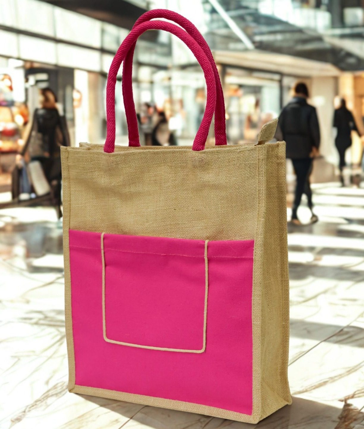 Jute Tote Bag with Vibrant Pink Pocket & Handles