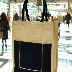 Custom Jute Bag with Front Pocket and Black Accent
