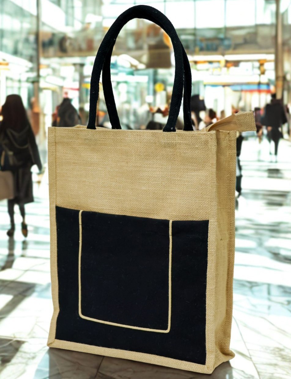 Custom Jute Bag with Front Pocket and Black Accent