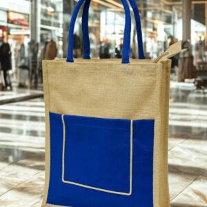 Executive Blue-Trim Jute Tote Bag with Front Pocket & Zipper Closure