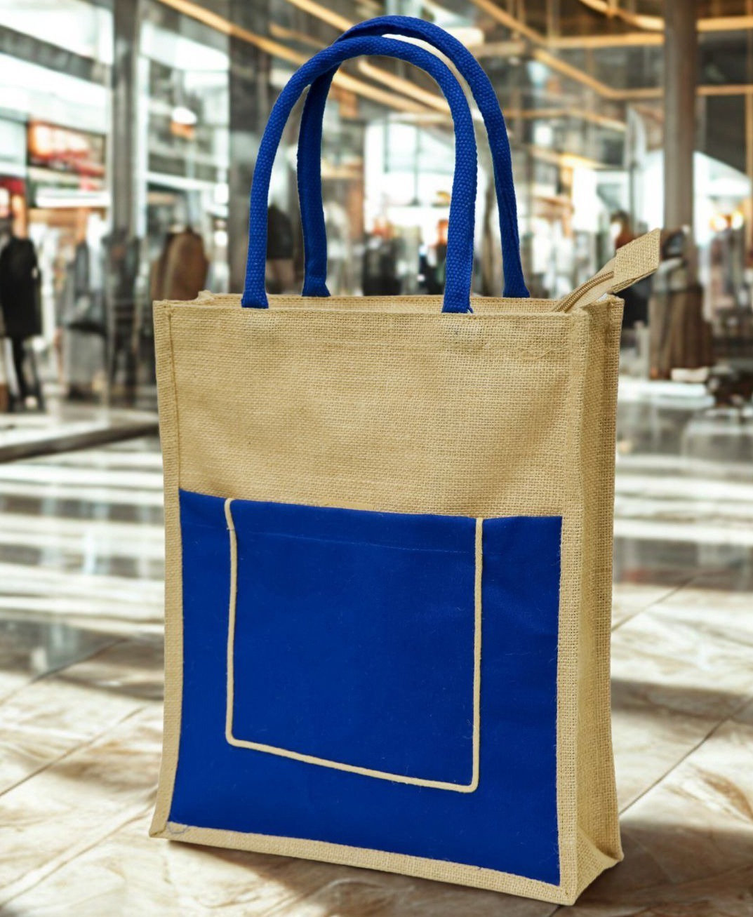 Executive Blue-Trim Jute Tote Bag with Front Pocket & Zipper Closure